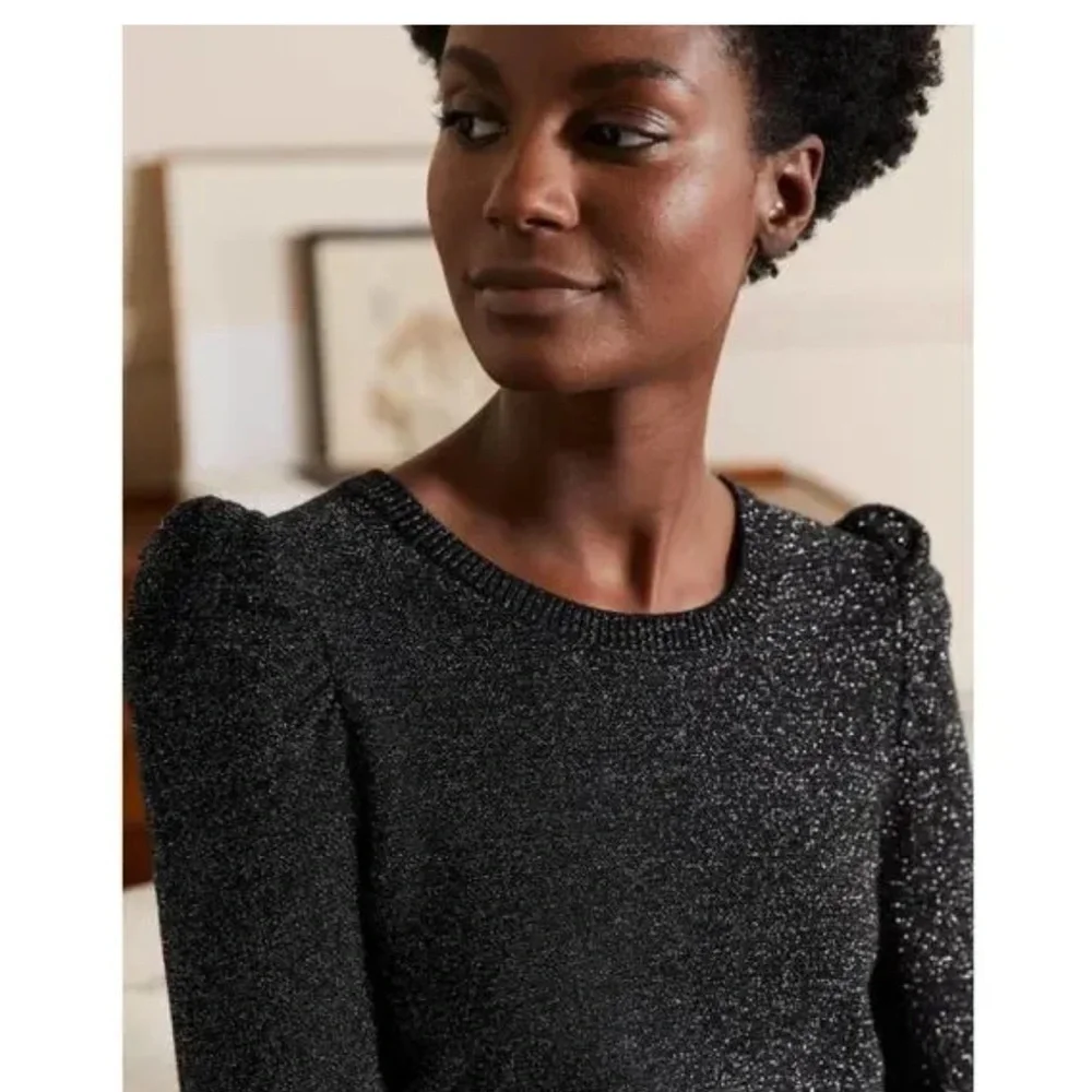 Boden Sparkle Puff Sleeve Sweater Crew Neck Wool Cashmere Black Sz 8 NWT